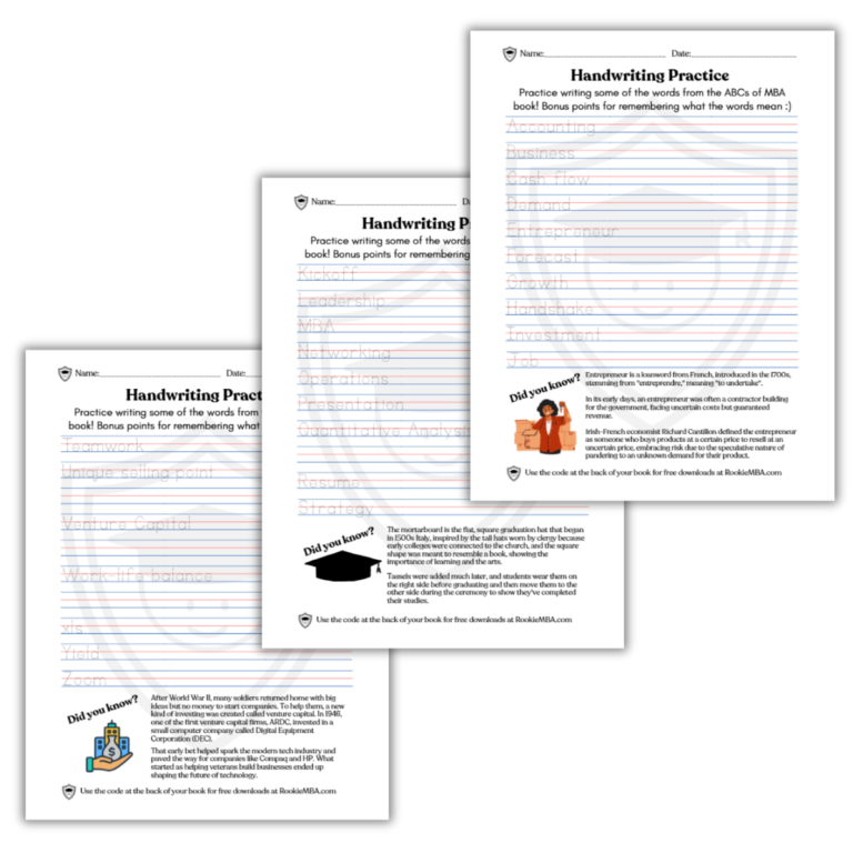 Free handwriting business MBA words printable